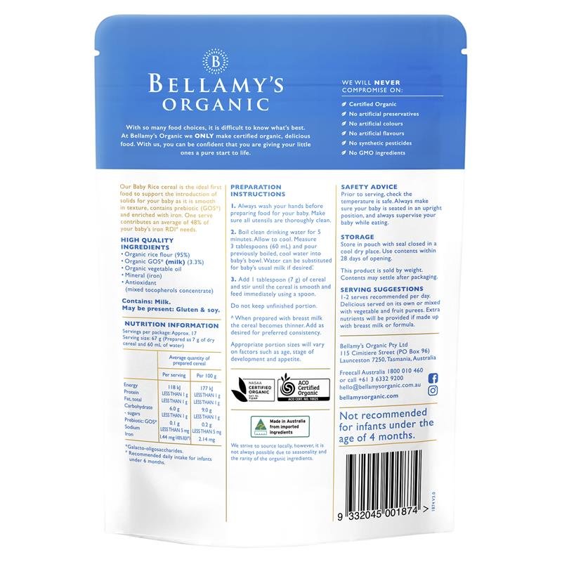 Bellamy's Organic Baby Rice with Prebiotic 125g