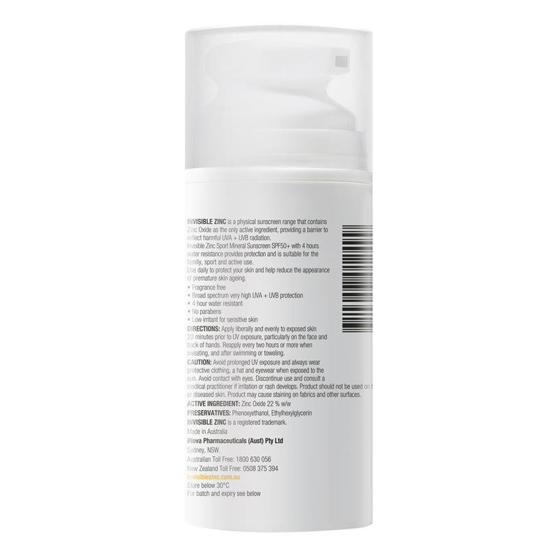 Invisible Zinc SPF50+ 运动型物理矿物防晒霜(4小时防水)100ml