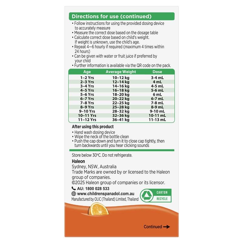 Panadol Children 5-12 Years Suspension Fever & Pain Relief Orange Flavour 200ml