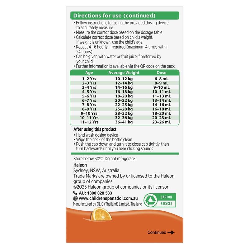 Panadol Children 1-5 Years Suspension Fever & Pain Relief Orange Flavour 200ml