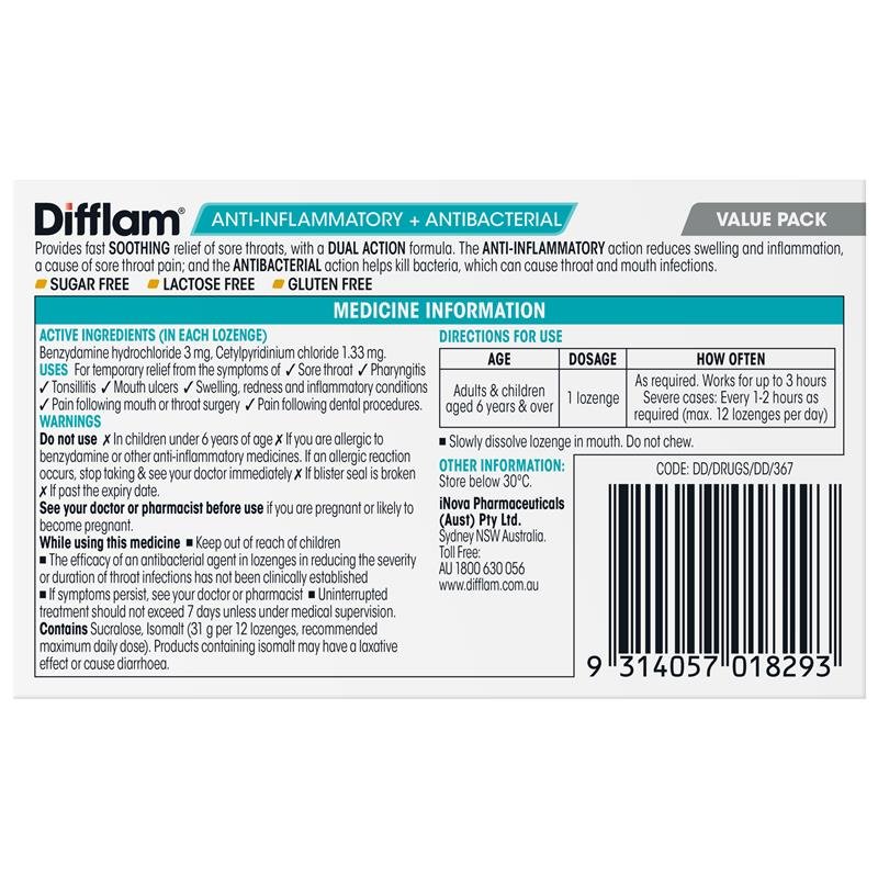 Difflam Sore Throat Sugar Free Honey And Lemon 32 Lozenges