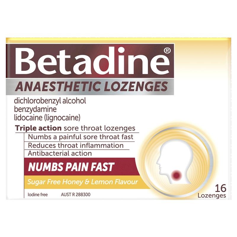 Betadine Sore Throat Lozenges Anaesthetic Honey & Lemon Flavour 16 Pack