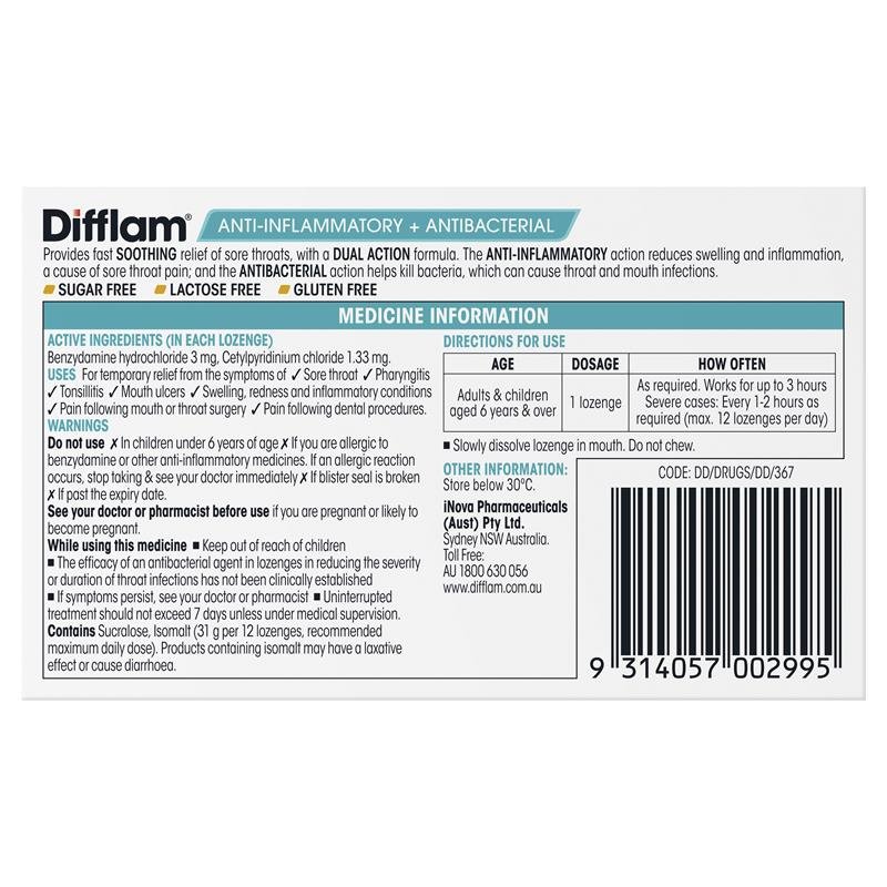 Difflam Sore Throat Sugar Free Honey And Lemon 16 Lozenges