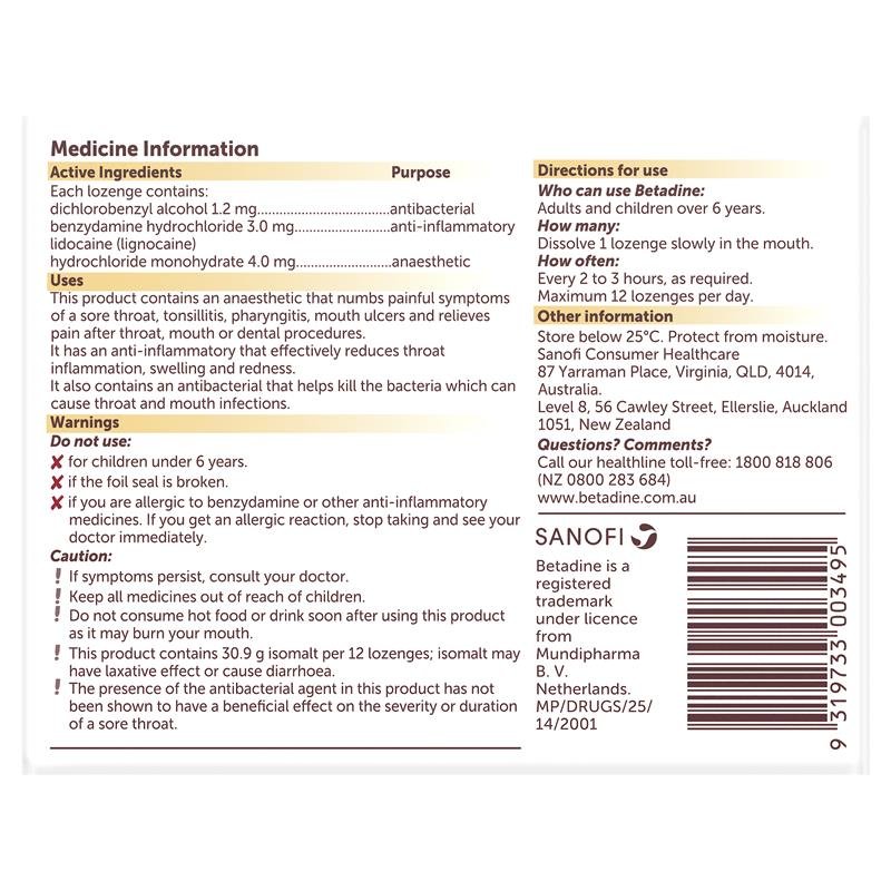 Betadine Sore Throat Lozenges Anaesthetic Honey & Lemon Flavour 36 Pack