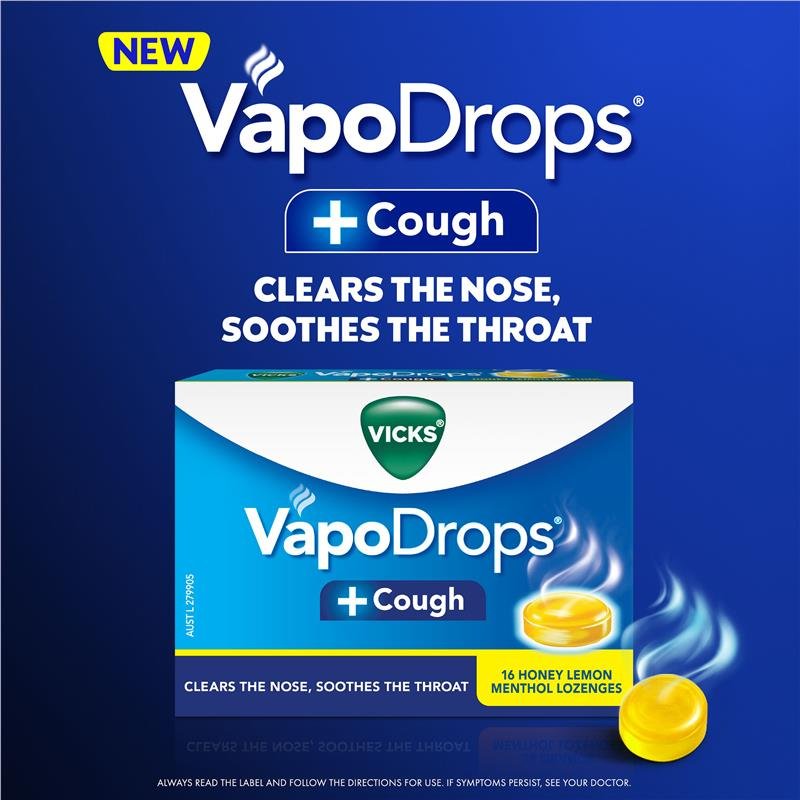 Vicks VapoDrops + Cough Honey Lemon Menthol 36 Lozenges