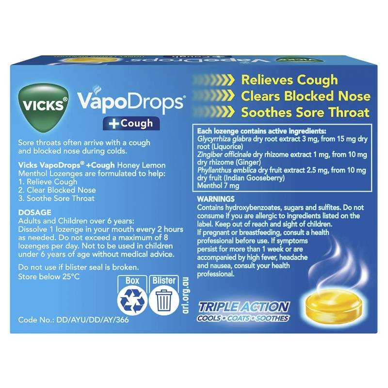 Vicks VapoDrops + Cough Honey Lemon Menthol 16 Lozenges
