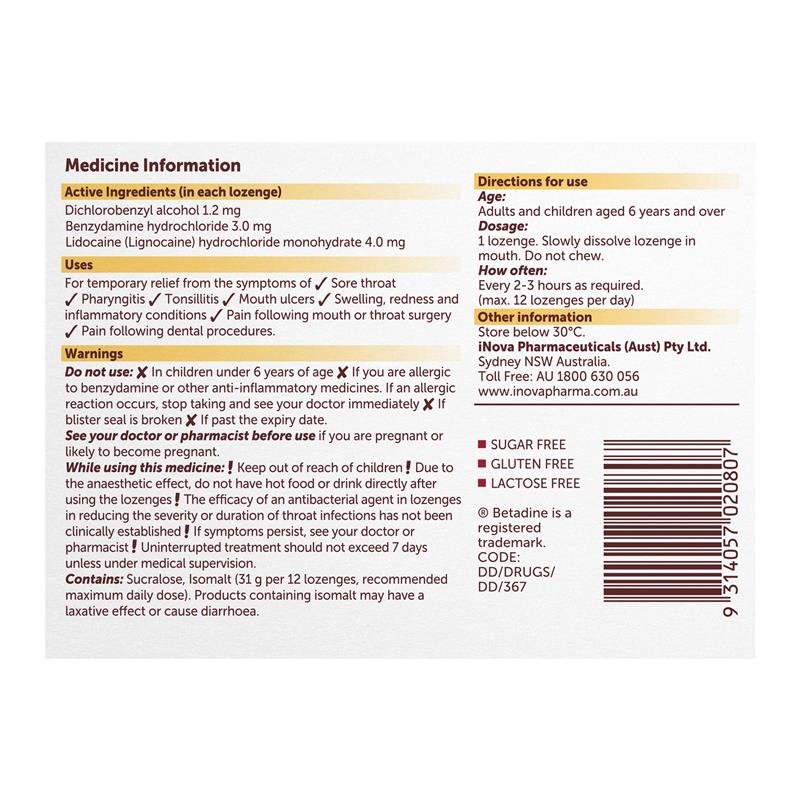 Betadine Sore Throat Anaesthetic Honey & Lemon 16 Lozenges