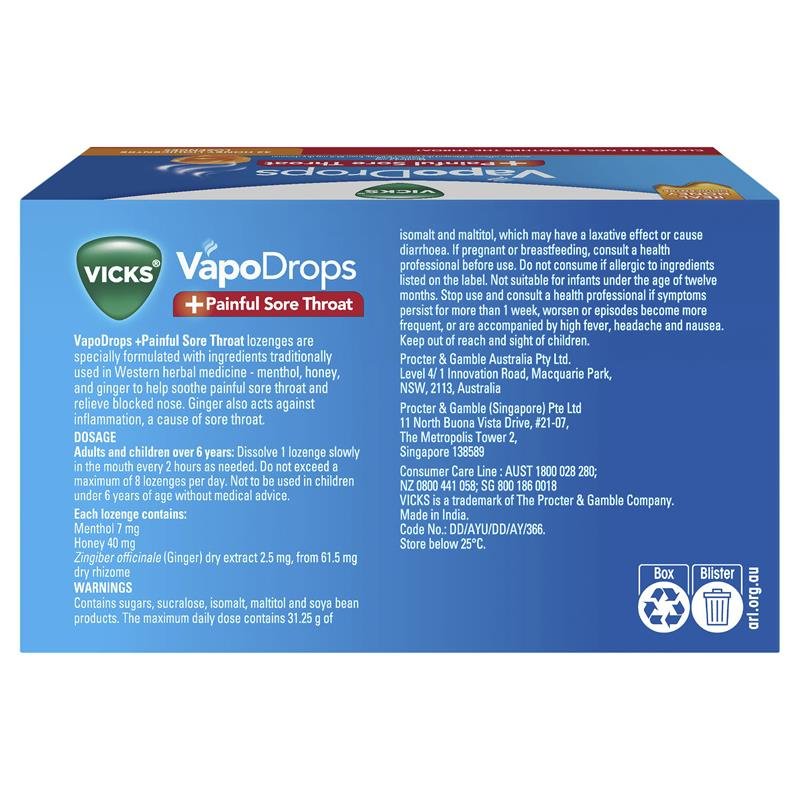 Vicks VapoDrops + Painful Sore Throat Honey 32 Lozenges