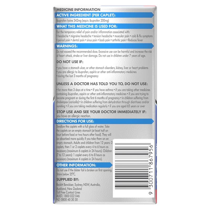 Nurofen Quickzorb Pain Relief Caplets 96 pack Ibuprofen Lysine 342mg