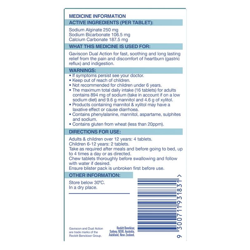 Gaviscon Dual Action Chewable Tablets Peppermint Heartburn & Indigestion Relief 32 Pack