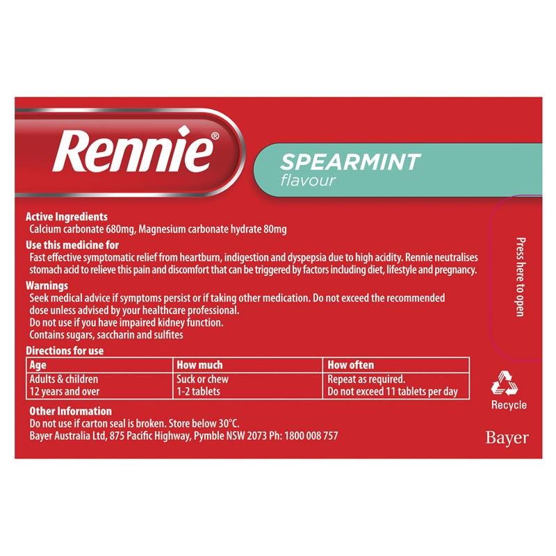 Rennie Indigestion and Heartburn Relief Spearmint 96 Chewable Tablets