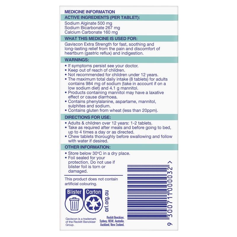 Gaviscon Extra Strength Peppermint Flavour 48 Tablets