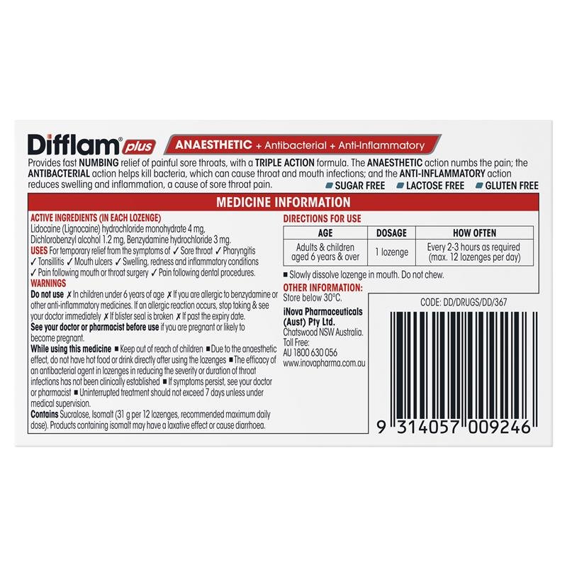 Difflam Plus Anaesthetic Sugar Free Eucalyptus Menthol 16 Lozenges