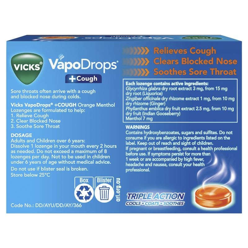 Vicks VapoDrops + Cough Orange Menthol 36 Lozenges