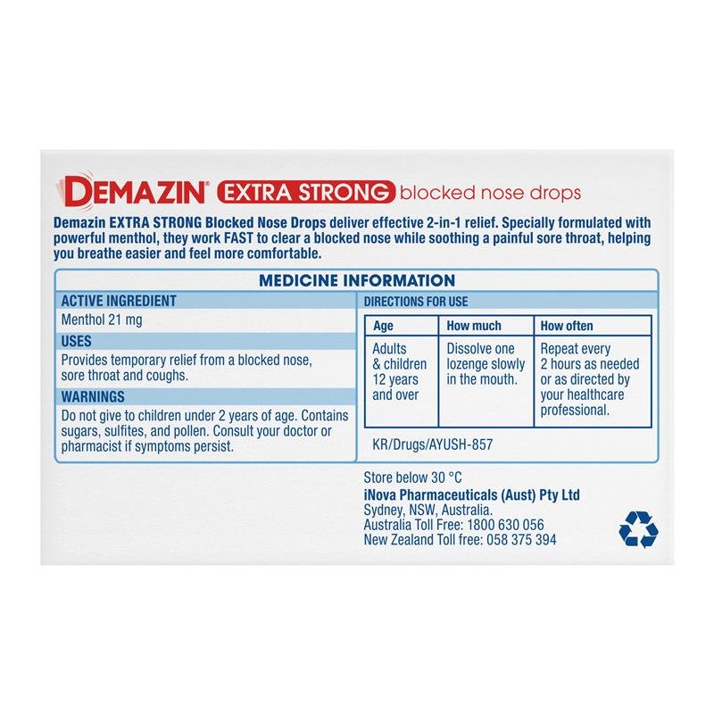 Demazin Extra Strong Blocked Nose Drops Menthol 16 Lozenges
