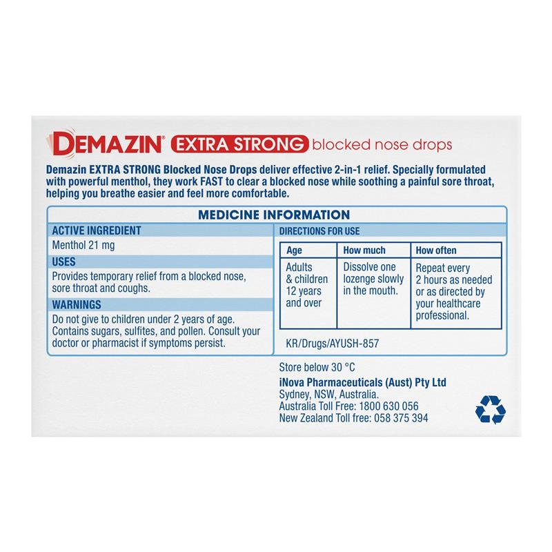 Demazin Extra Strong Blocked Nose Drops Menthol 32 Lozenges