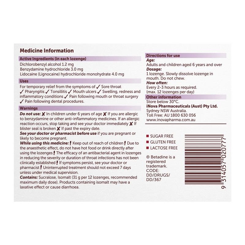 Betadine Sore Throat Anaesthetic Berry 36 Lozenges