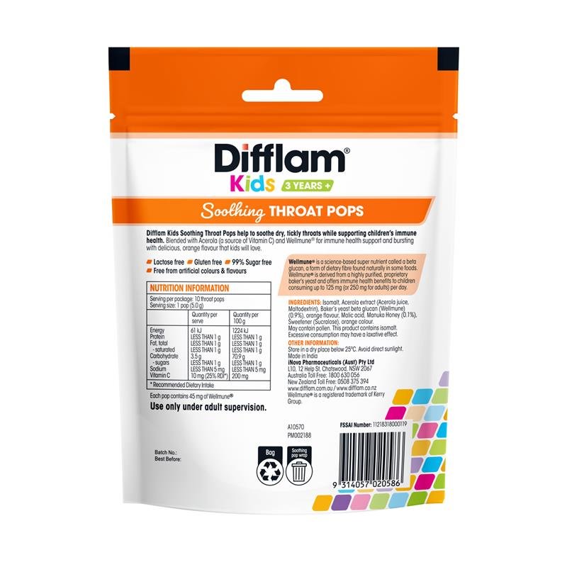 Difflam Kids Soothing Throat Pops Orange 10 Pack
