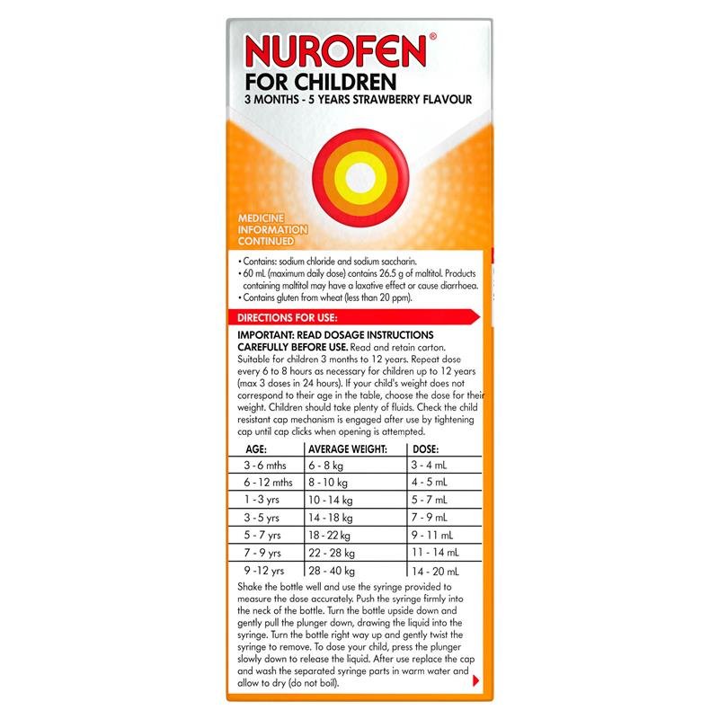 Nurofen For Children 3 months - 5 years Pain and Fever Relief 100mg/5mL Ibuprofen Strawberry 200mL