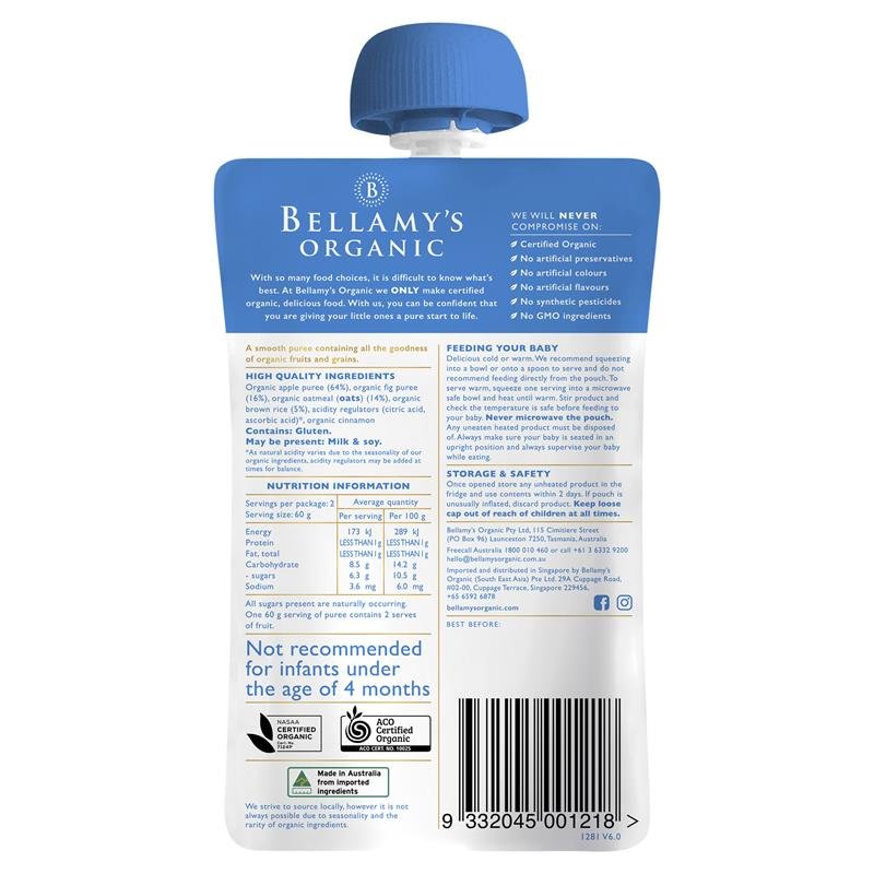 Bellamy's 贝拉米 有机苹果无花果燕麦泥 120g
