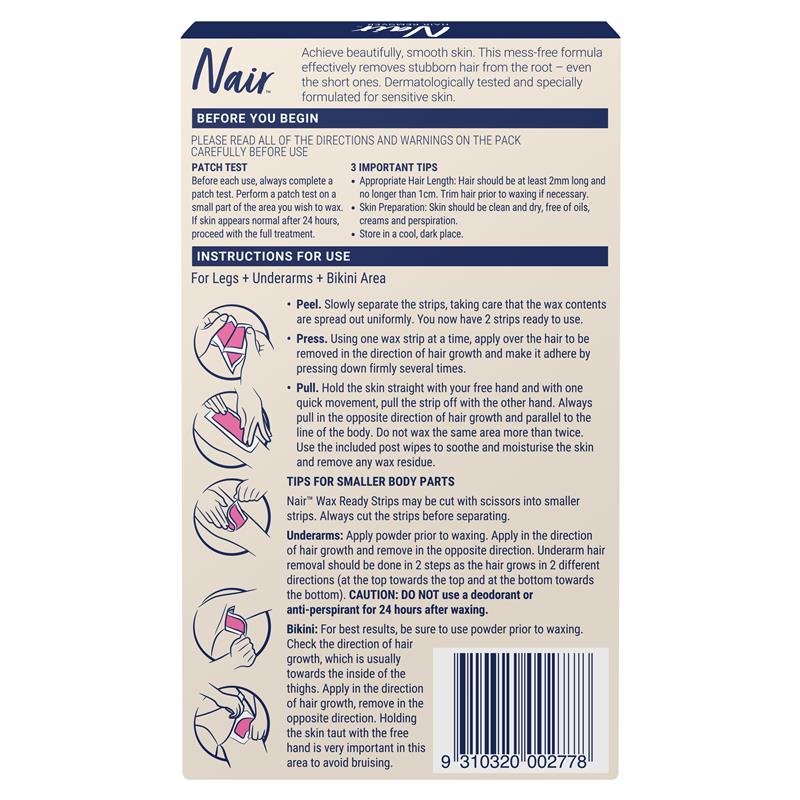 Nair Sensitive Formula Wax Ready Strips Rice Bran Oil & Cherry Blossom Extract Legs & Body 40 Pack