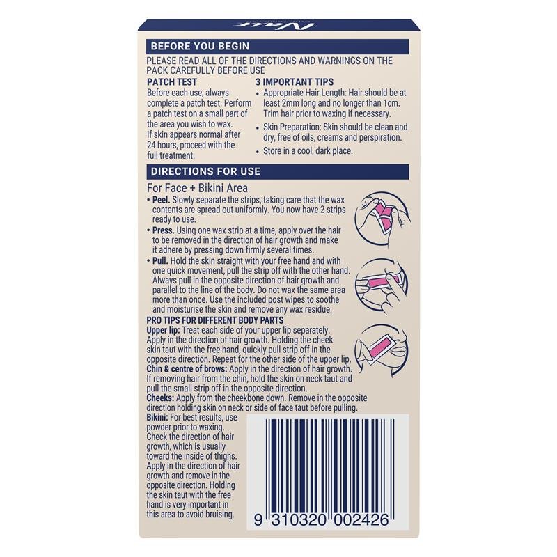 Nair Sensitive Formula Wax Ready Strips Rice Bran Oil & Cherry Blossom Extract Face & Bikini 20 Pack