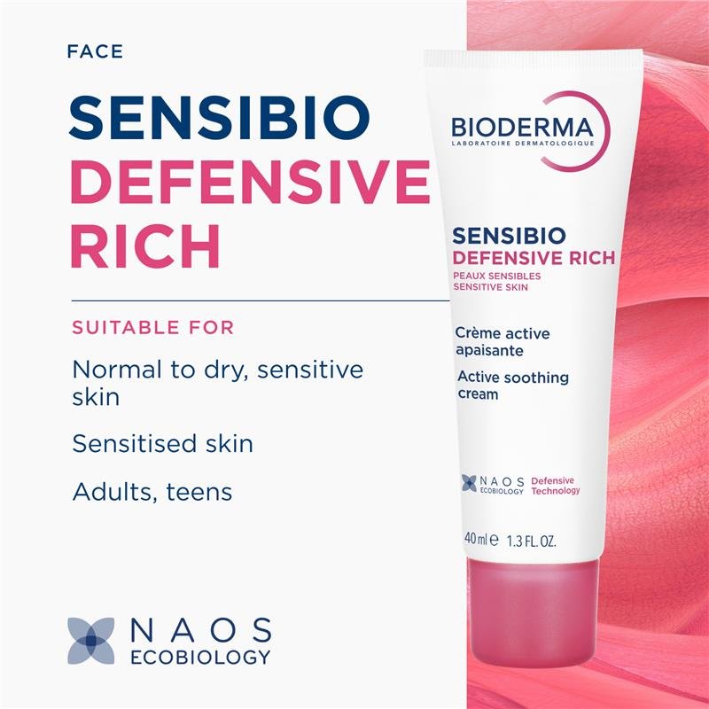 Bioderma Sensibio Soothing Defensive Rich Moisturiser for Dry, Sensitive Skin 40ml