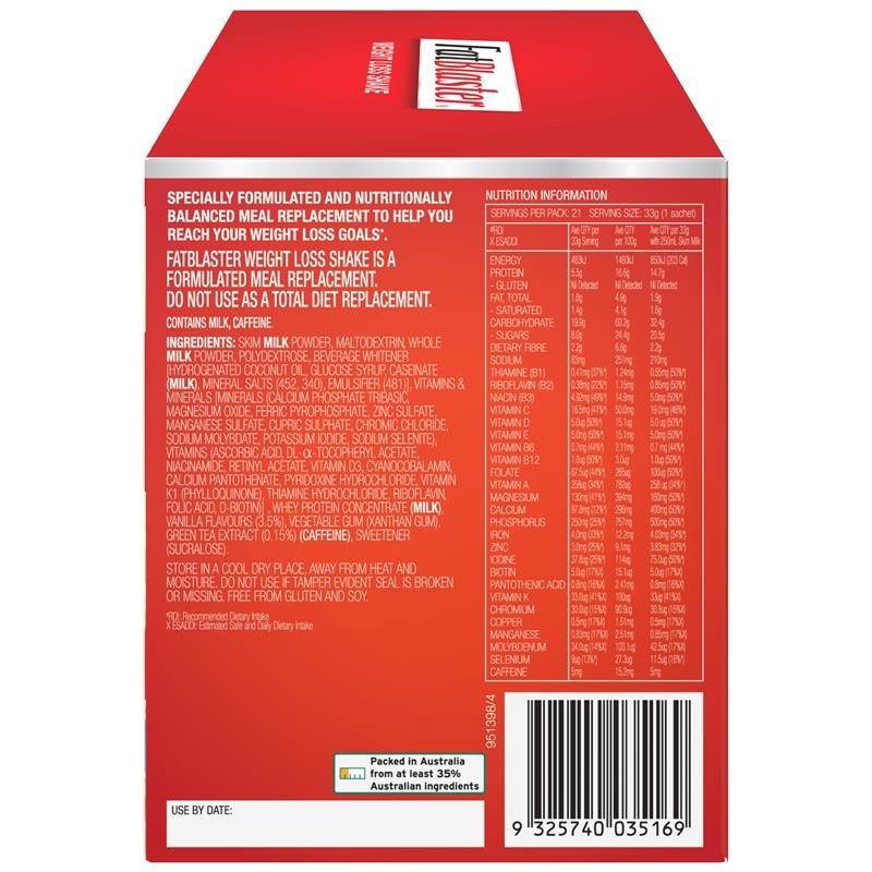 Fatblaster Weight Loss Shake Vanilla 21 x 33g Sachets Exclusive Size