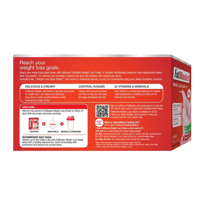 Fatblaster Weight Loss Shake Raspberry 21 x 33g Sachets Exclusive Size
