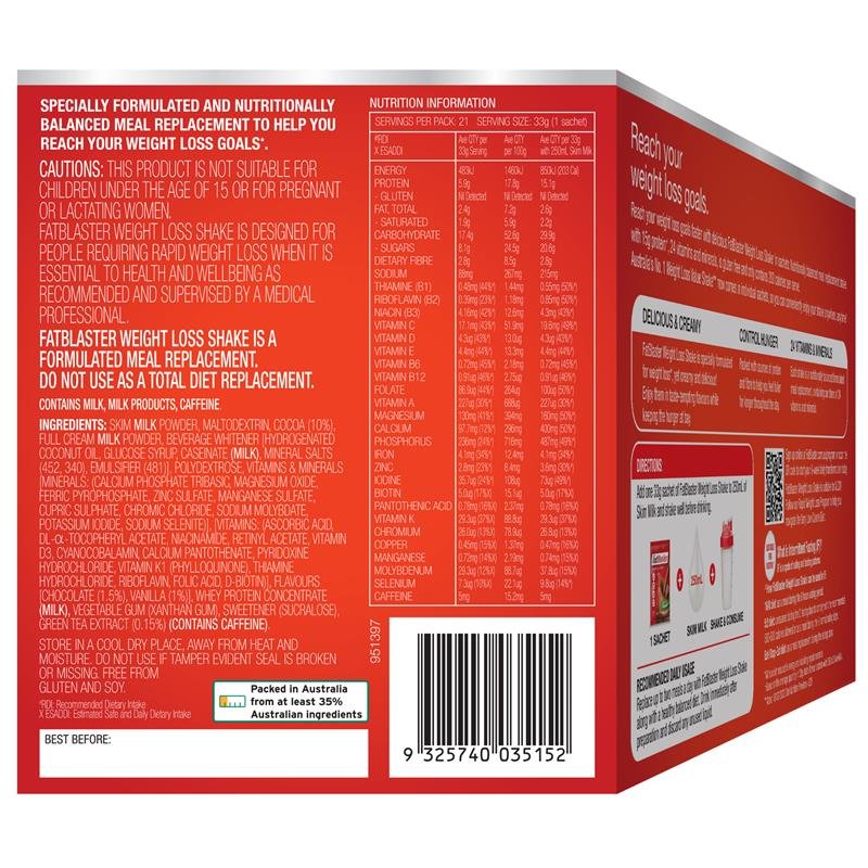 Fatblaster Weight Loss Shake Chocolate 21 x 33g Sachets Exclusive Size