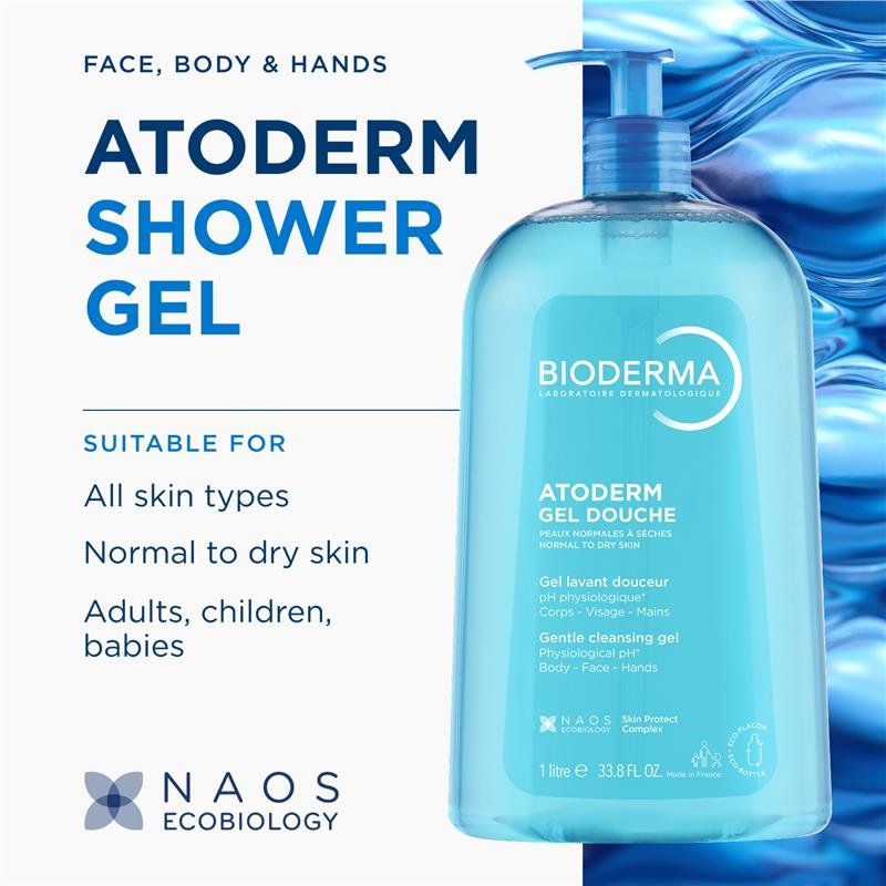 Bioderma Atoderm Gentle Cleansing Gel for Body Face and Hands 1 Litre