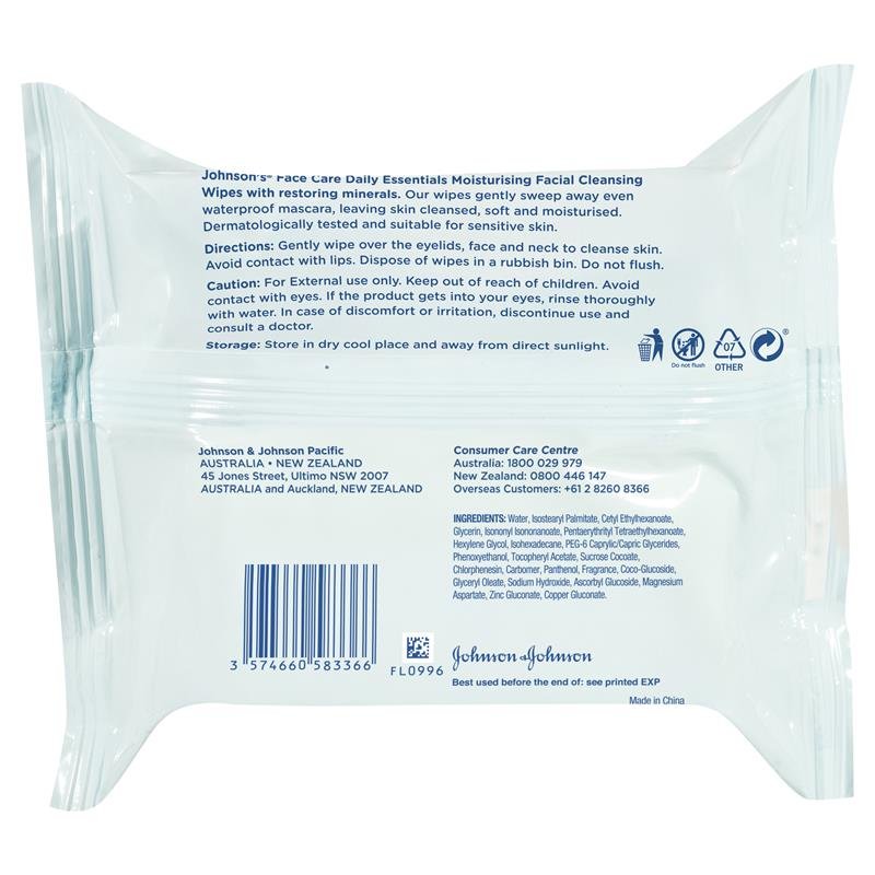 Johnson's Face Care Moisturising Facial Cleansing Wipes For Dry Skin 25 Pack