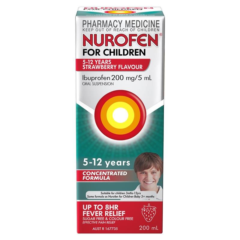 Nurofen 儿童美林 5-12岁 退烧止痛口服混悬液 布洛芬200mg/5mL 草莓味 200ml