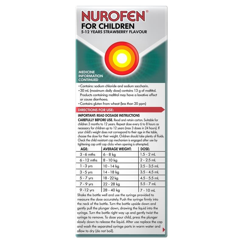 Nurofen 儿童美林 5-12岁 退烧止痛口服混悬液 布洛芬200mg/5mL 草莓味 200ml