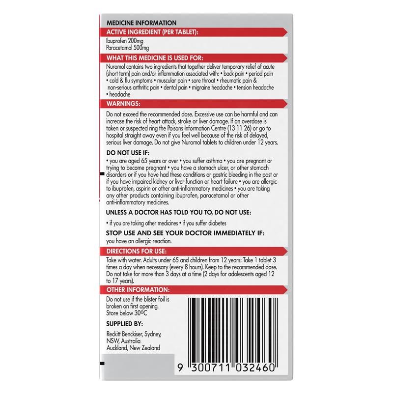 Nuromol Strong Pain Relief 200mg/500mg Tablets 24 - Ibuprofen + Paracetamol (S3)