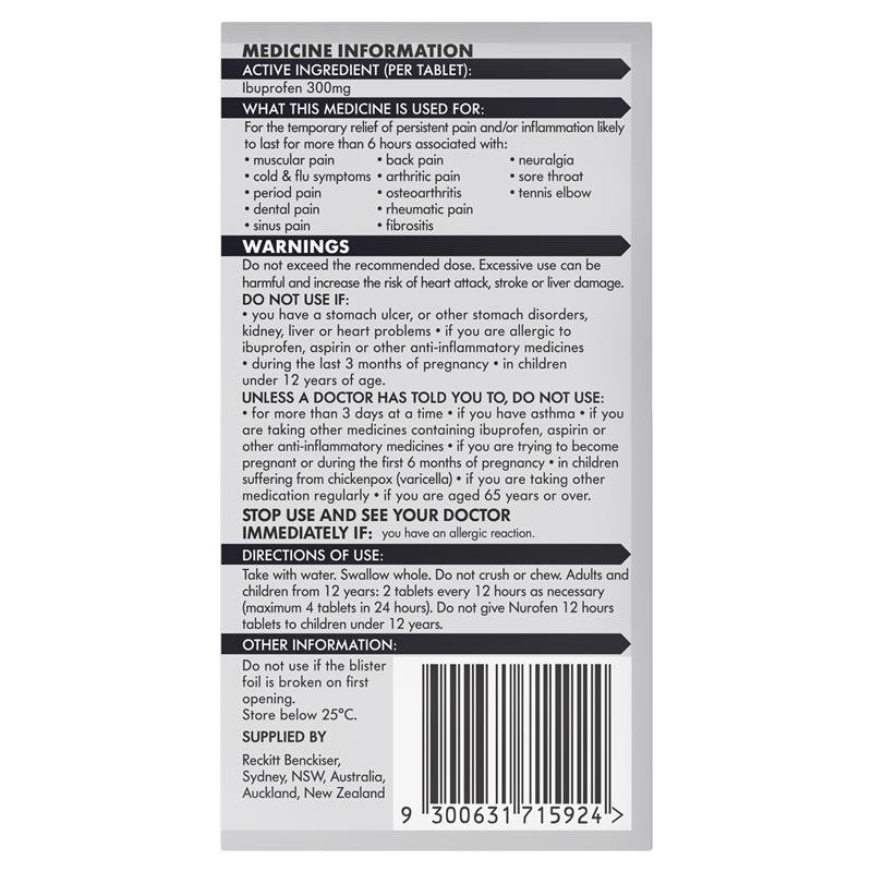 Nurofen 12 Hour Relief 300mg 24 Tablets - Ibuprofen (S3)