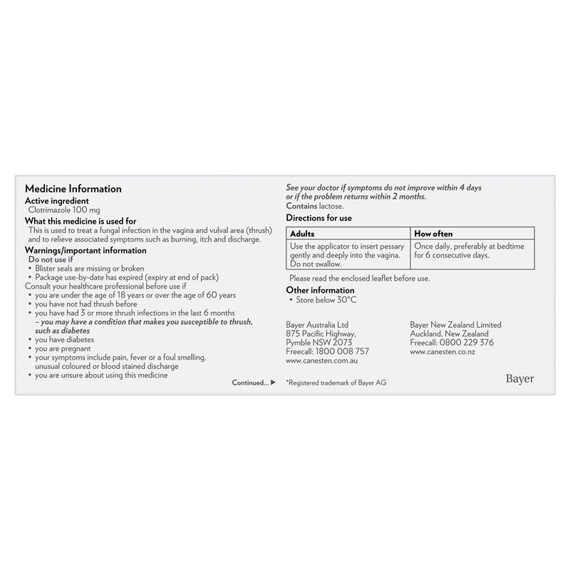 Canesten 6 Day Thrush Treatment Pessary - Clotrimazole (S3)