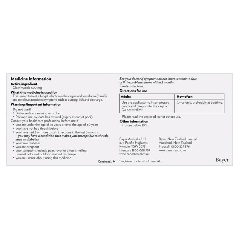 Canesten 1 Day Thrush Treatment Pessary - Clotrimazole (S3)
