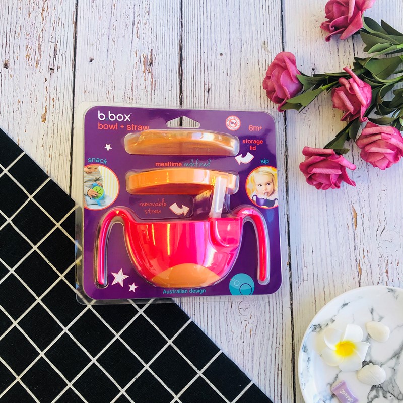 B.box 三合一双手柄吸管碗 便携/密封 玫红撞橘色
