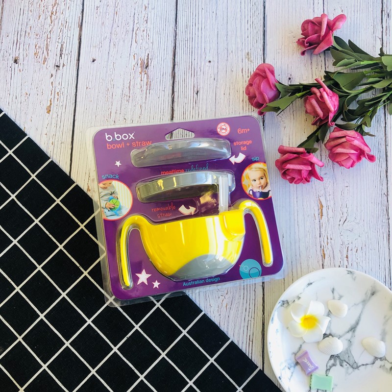 B.box 三合一双手柄吸管碗 便携/密封 柠檬黄撞灰色