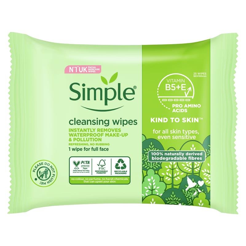Simple 可生物降解温和洁面湿巾 25片