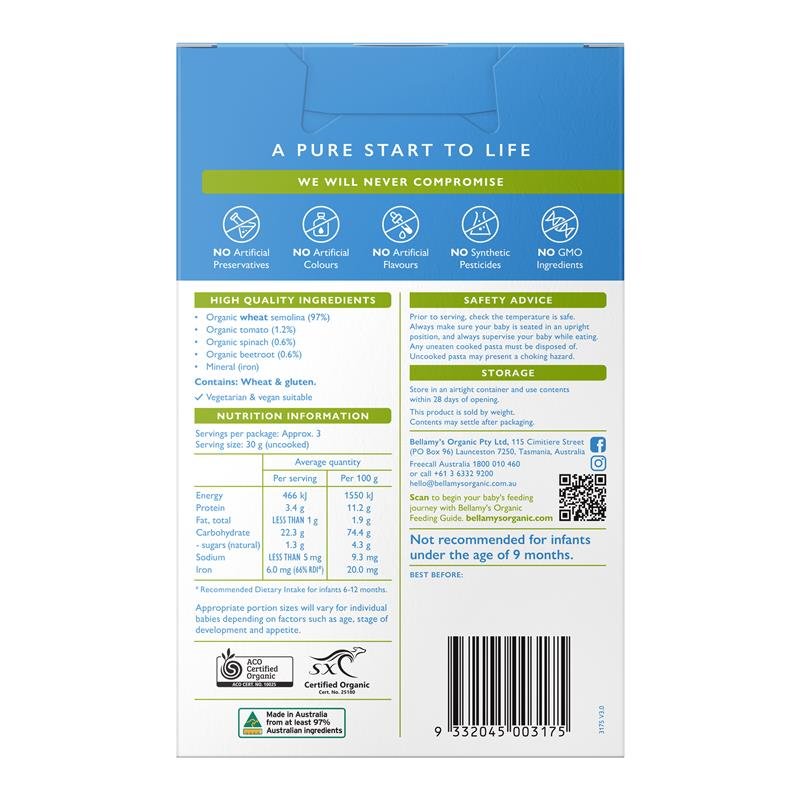 Bellamys Organic Veggie Pasta Spirals 110g