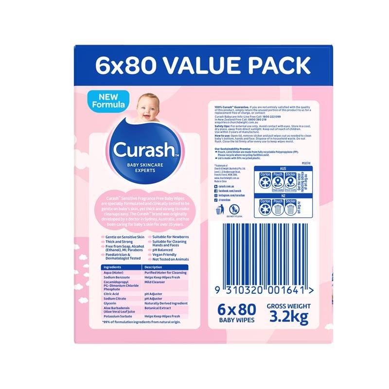 Curash 敏感肌婴儿湿巾 6×80 超值装