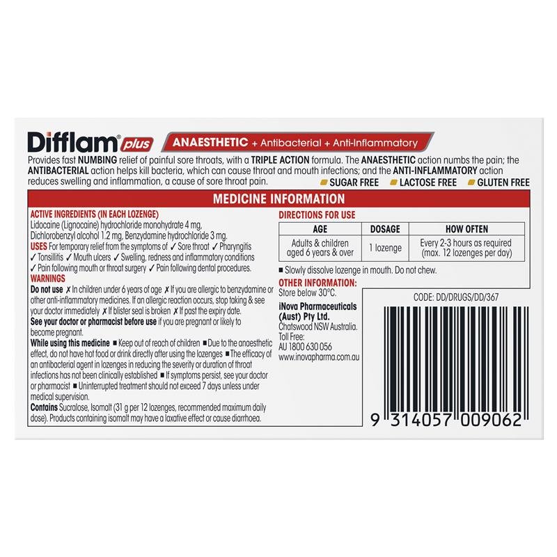 Difflam Plus 无糖润喉含片 蜂蜜柠檬味 16粒