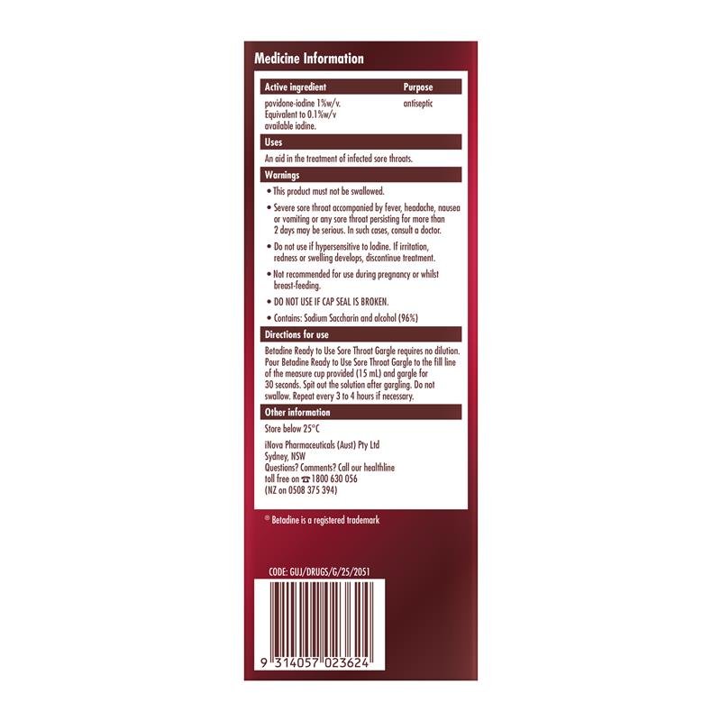 Betadine 必妥碘 咽喉漱口液即用型 200ml