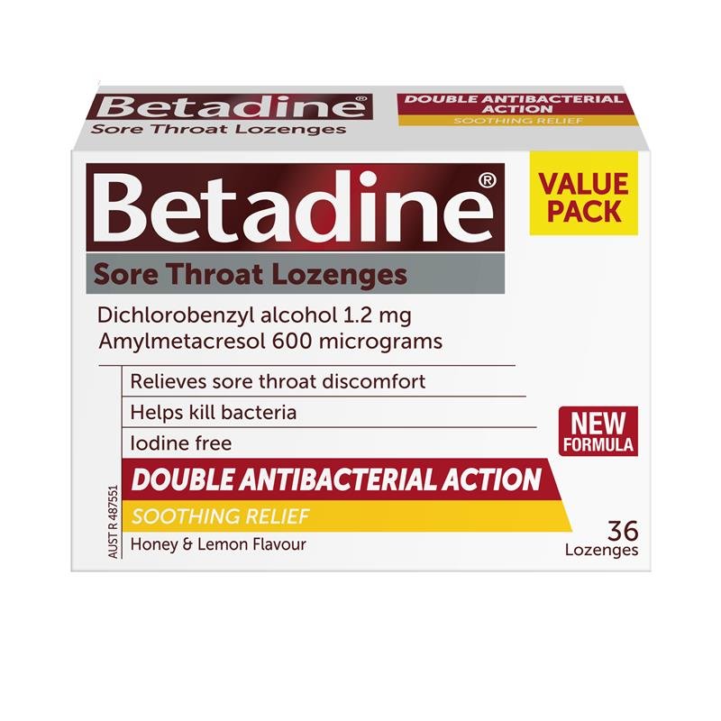 Betadine Sore Throat Lozenges Soothing Honey & Lemon Flavour 36 Pack