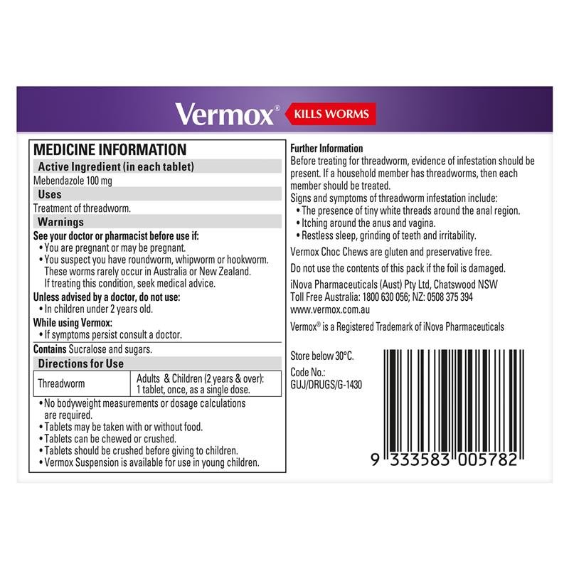 Vermox Worming Treatment Choc Chews 4 Tablets