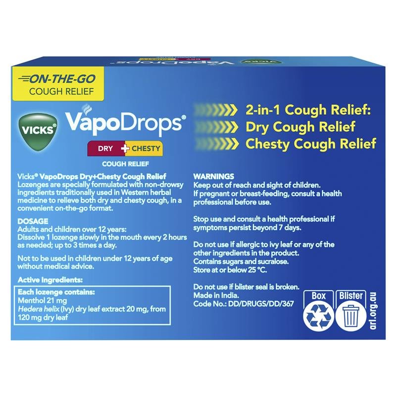 Vicks VapoDrops Dry + Chesty Cough Relief 24 Lozenges