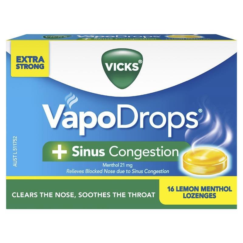 Vicks VapoDrops + Sinus Congestion Lemon Menthol 16 Lozenges