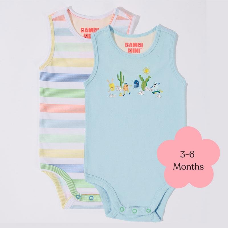 Bambi Mini Co. Supersinglet 婴儿背心式连体衣 3-6个月 水晶蓝+条纹 2件装